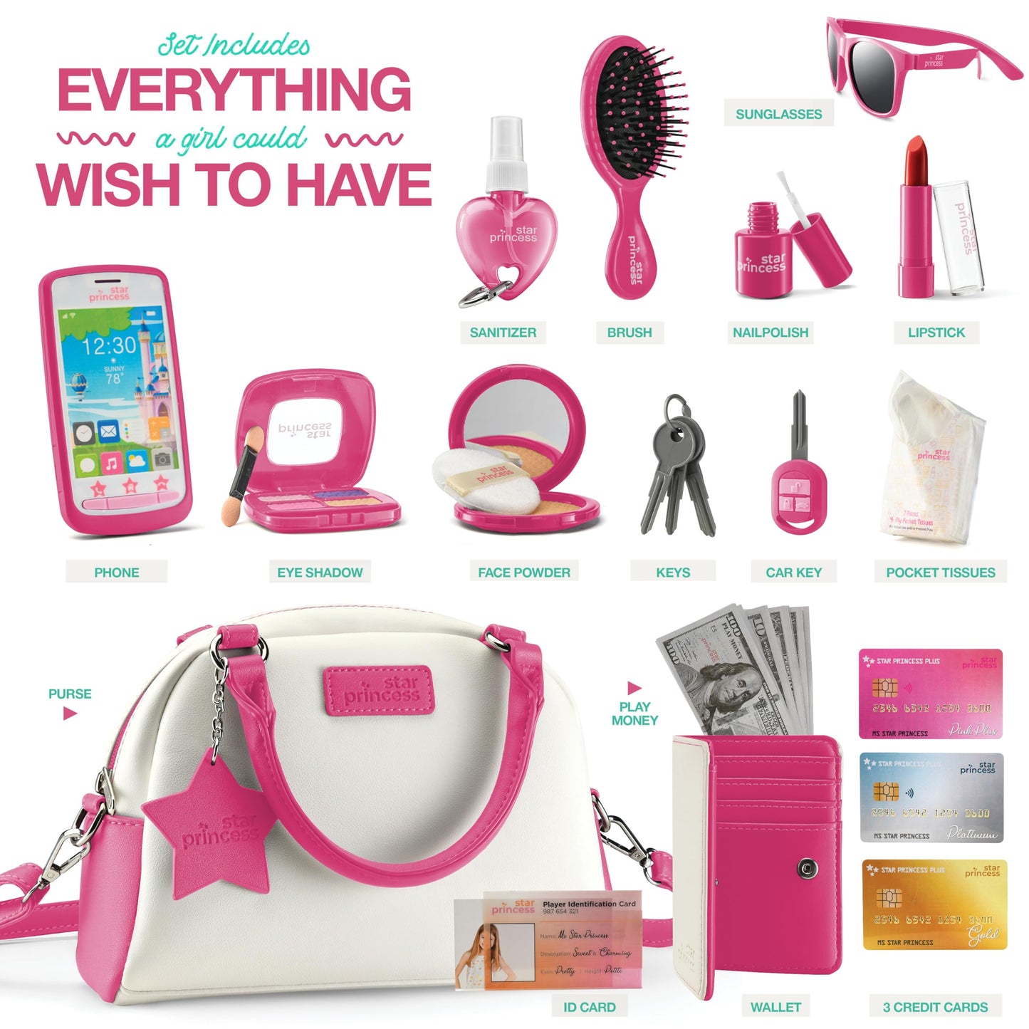 Star Princess Pretend Play Purse Set for Girls - Realistic Toy Purse with Accessories (Ages 3-8)