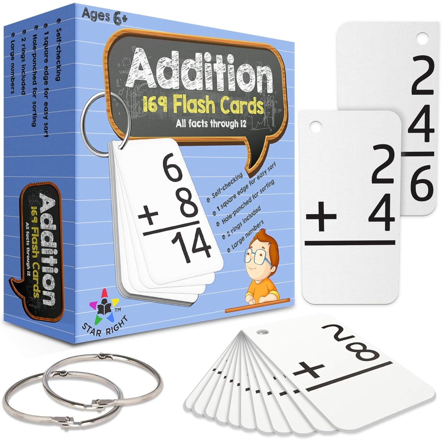 Star Right Education Addition Flash Cards 0-12, 169 Cards with 2 Rings – Addition Flashcards for Kids