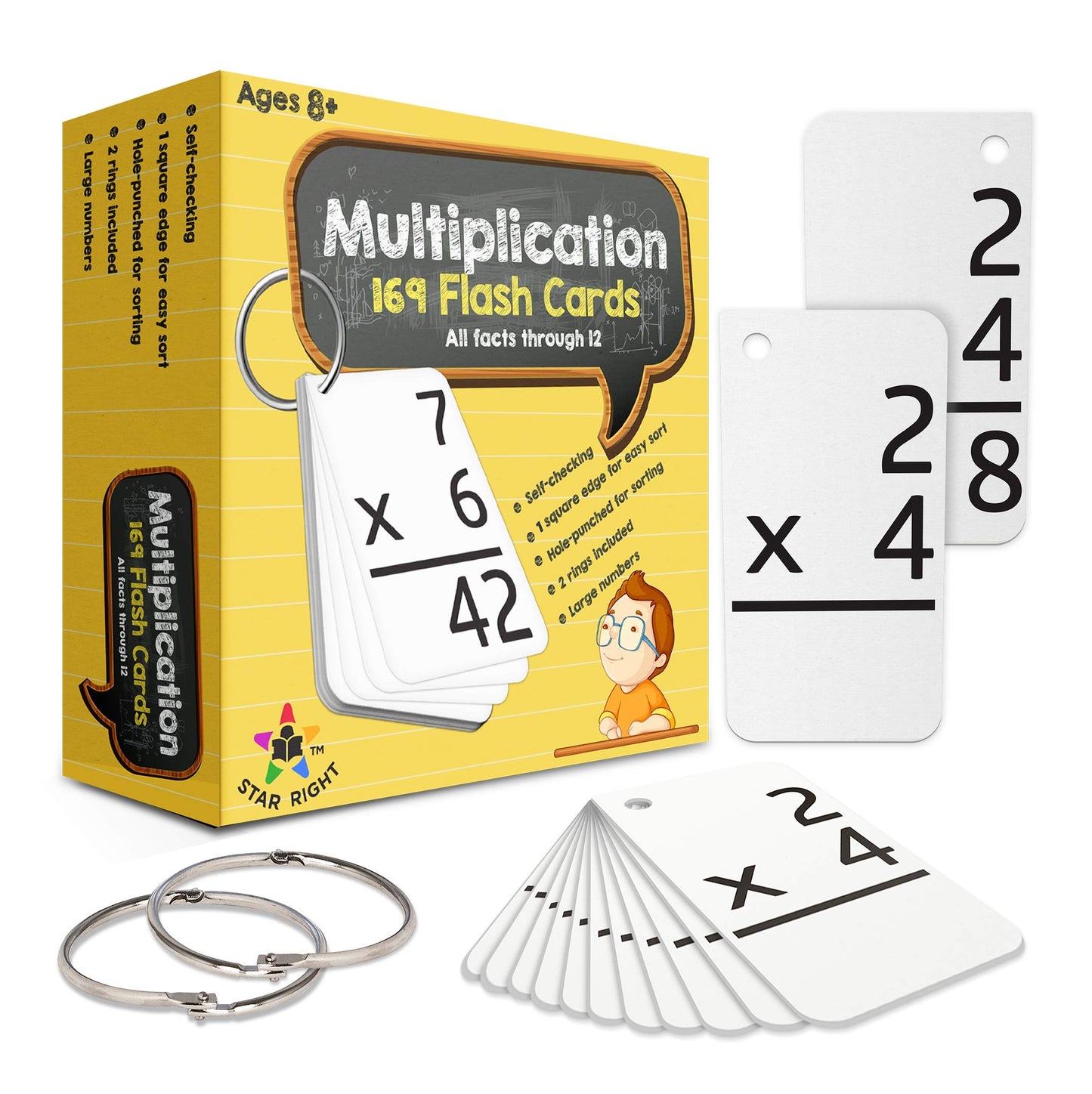 Star Right Multiplication Flash Cards – 169 Cards with 2 Binder Rings for Times Tables Practice (Ages 8+)