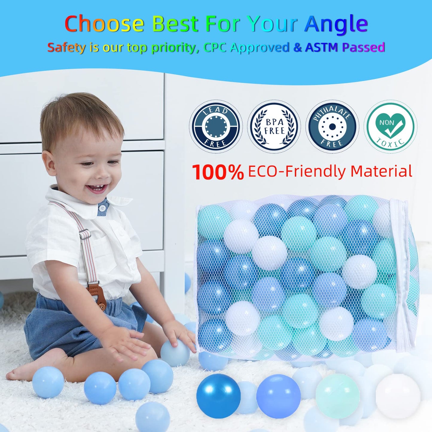 STARBOLO Ball Pit Balls – 100 Non-Toxic Blue & Multicolor PE Balls with Storage Bag