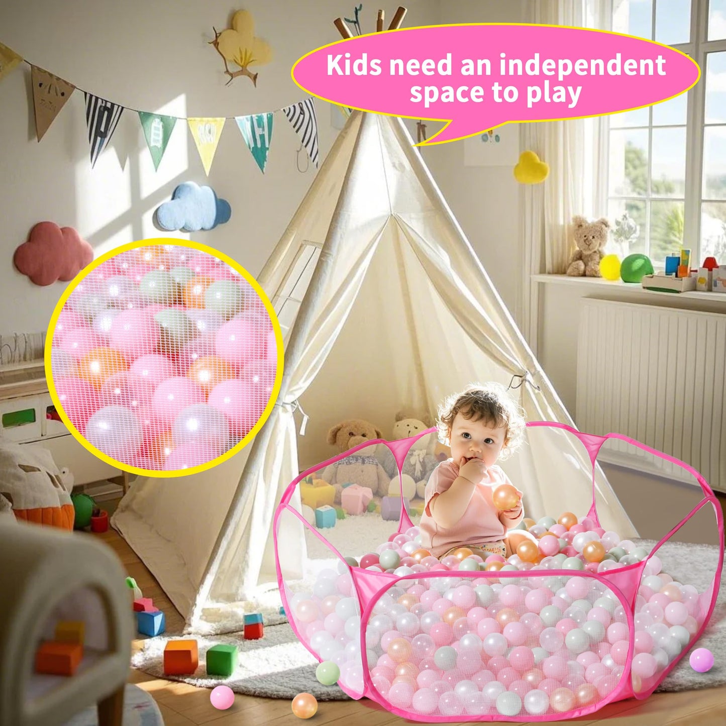 STARBOLO Cute Hexagon Kids Ball Pit — Collapsible Indoor/Outdoor Play Fence (Pink)