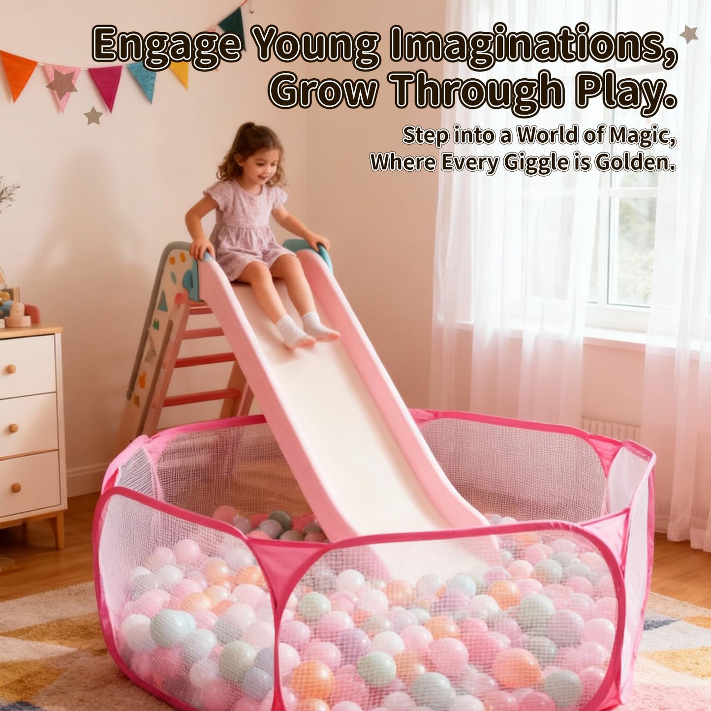 STARBOLO Cute Hexagon Kids Ball Pit — Collapsible Indoor/Outdoor Play Fence (Pink)