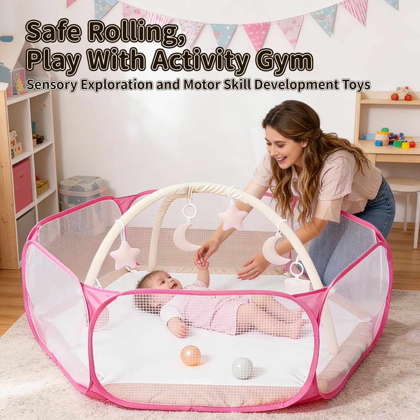 STARBOLO Cute Hexagon Kids Ball Pit — Collapsible Indoor/Outdoor Play Fence (Pink)
