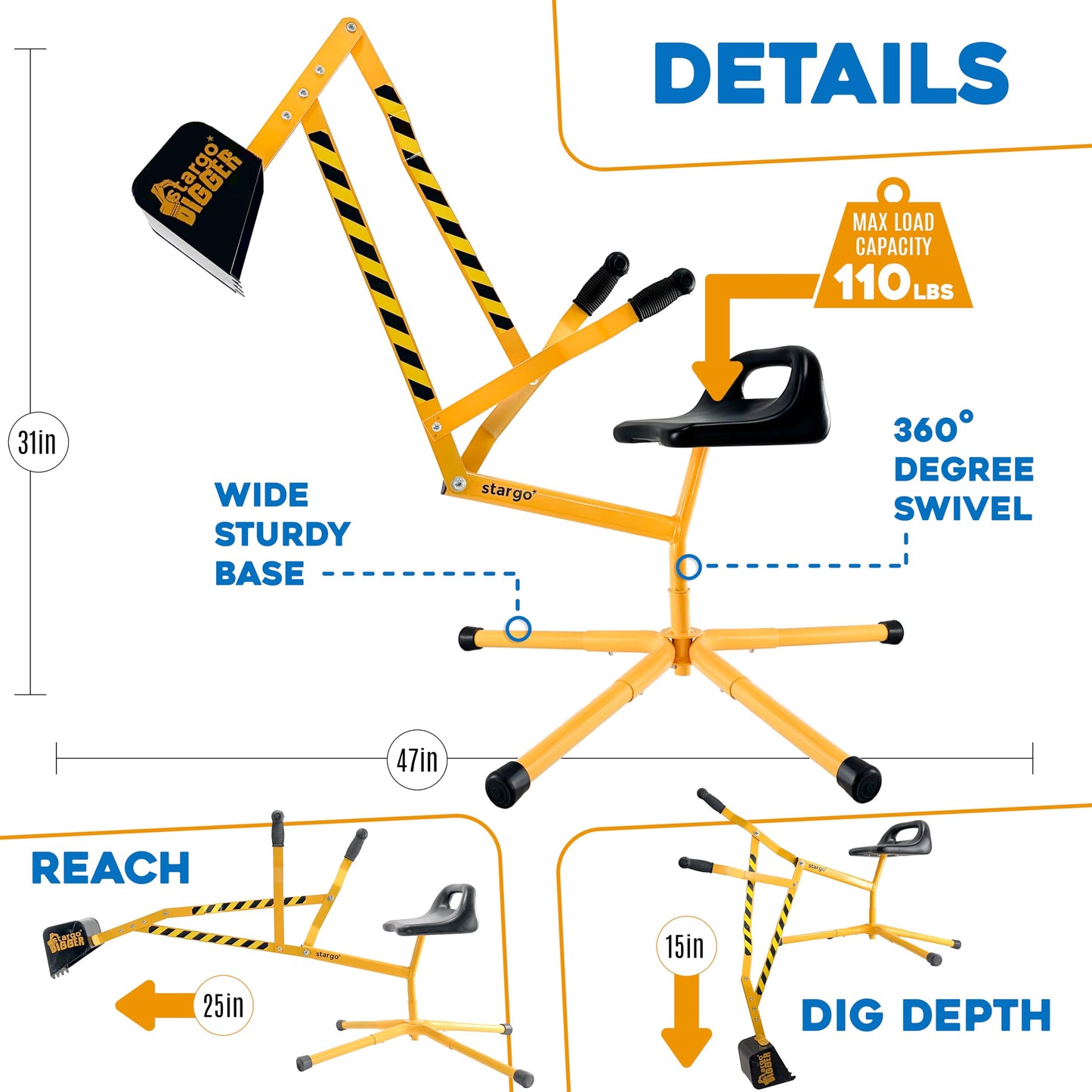Stargo Sand Digger: Kids Excavator Ride-On Toy with 360° Rotating Steel Digger