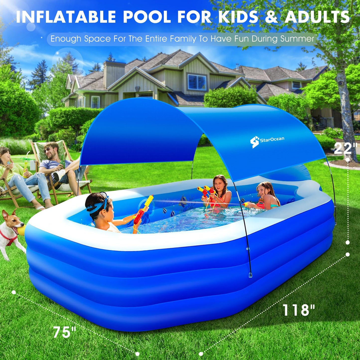StarOcean Inflatable Pool with Canopy – Large Family Pool 118x75x22 in