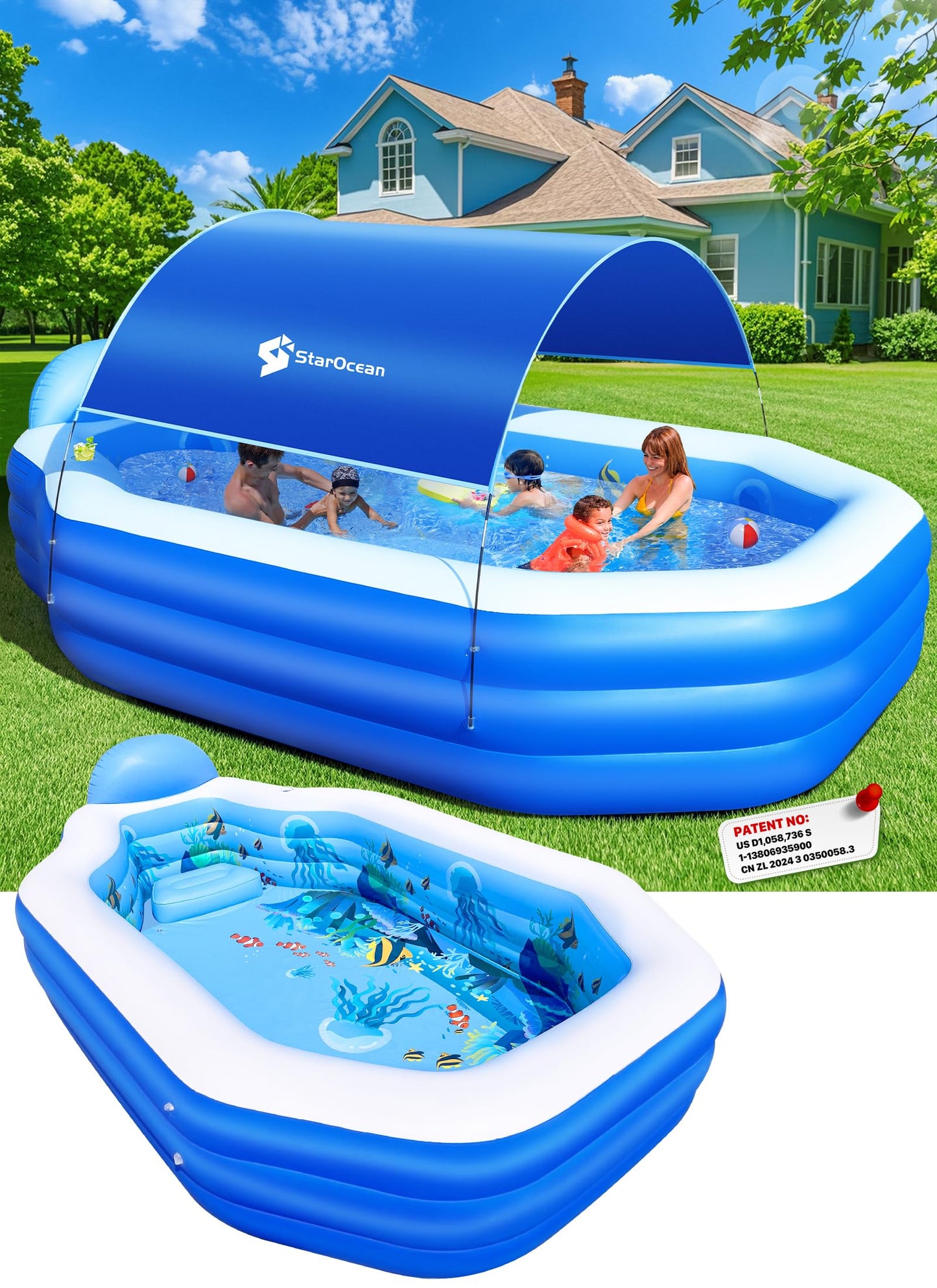StarOcean Inflatable Pool with Canopy – Large Family Pool 118x75x22 in