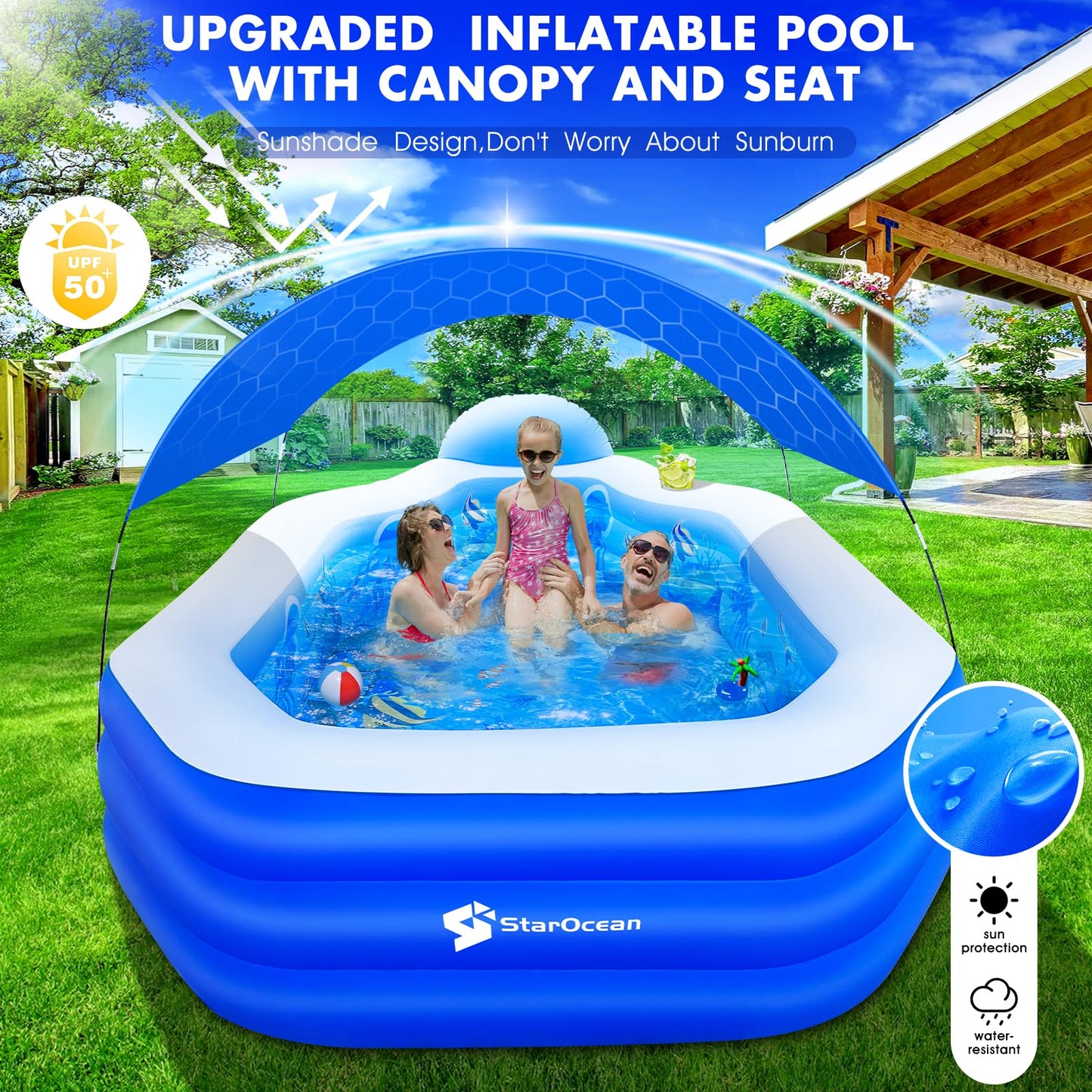 StarOcean Inflatable Pool with Canopy – Large Family Pool 118x75x22 in