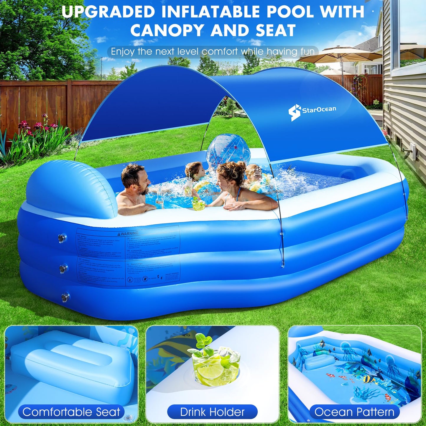 StarOcean Inflatable Pool with Canopy – Large Family Pool 118x75x22 in