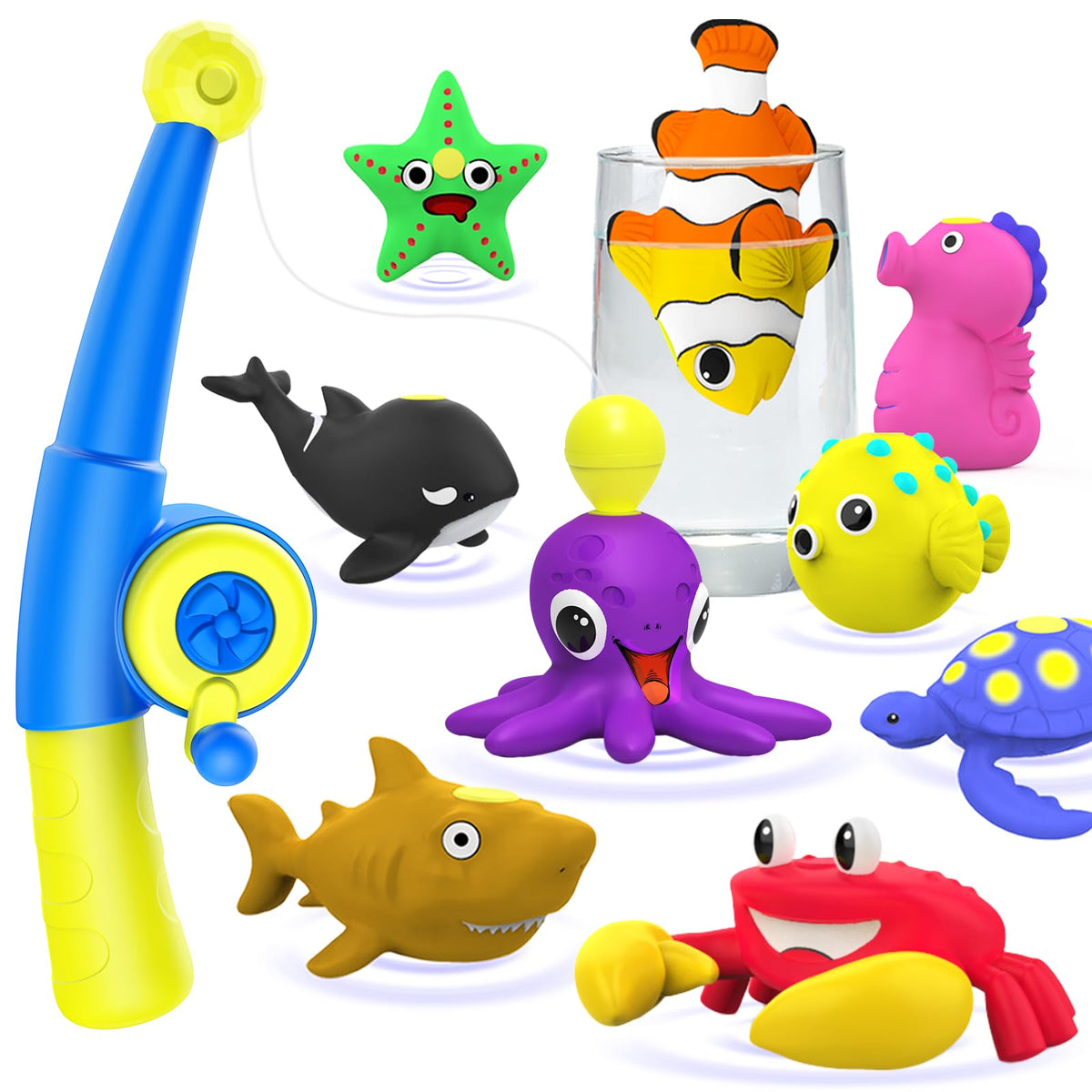 Staroud Color Changing No Hole Magnetic Bath Toys – 10 Pack Sea Creatures with Fishing Rod