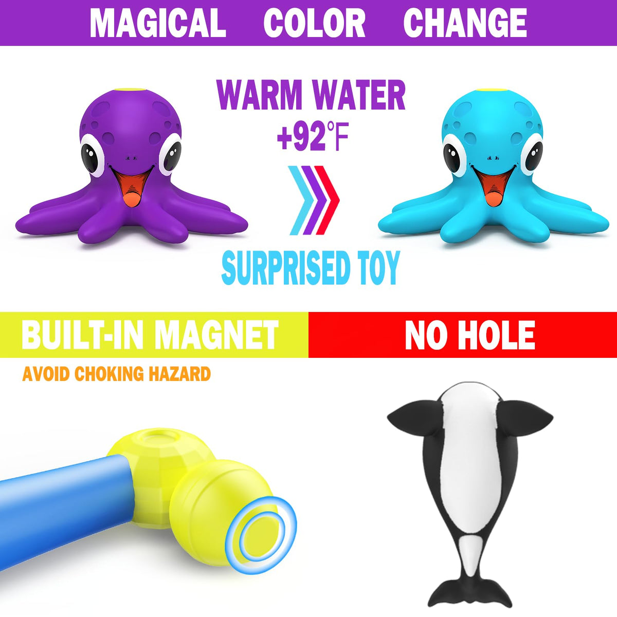 Staroud Color Changing No Hole Magnetic Bath Toys – 10 Pack Sea Creatures with Fishing Rod