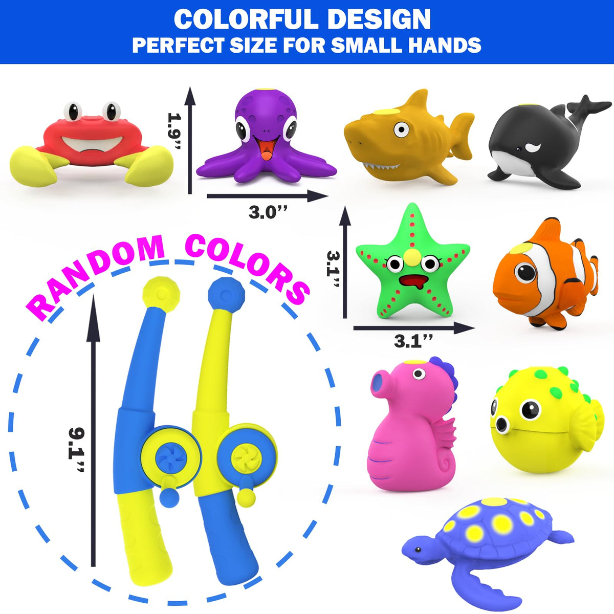 Staroud Color Changing No Hole Magnetic Bath Toys – 10 Pack Sea Creatures with Fishing Rod