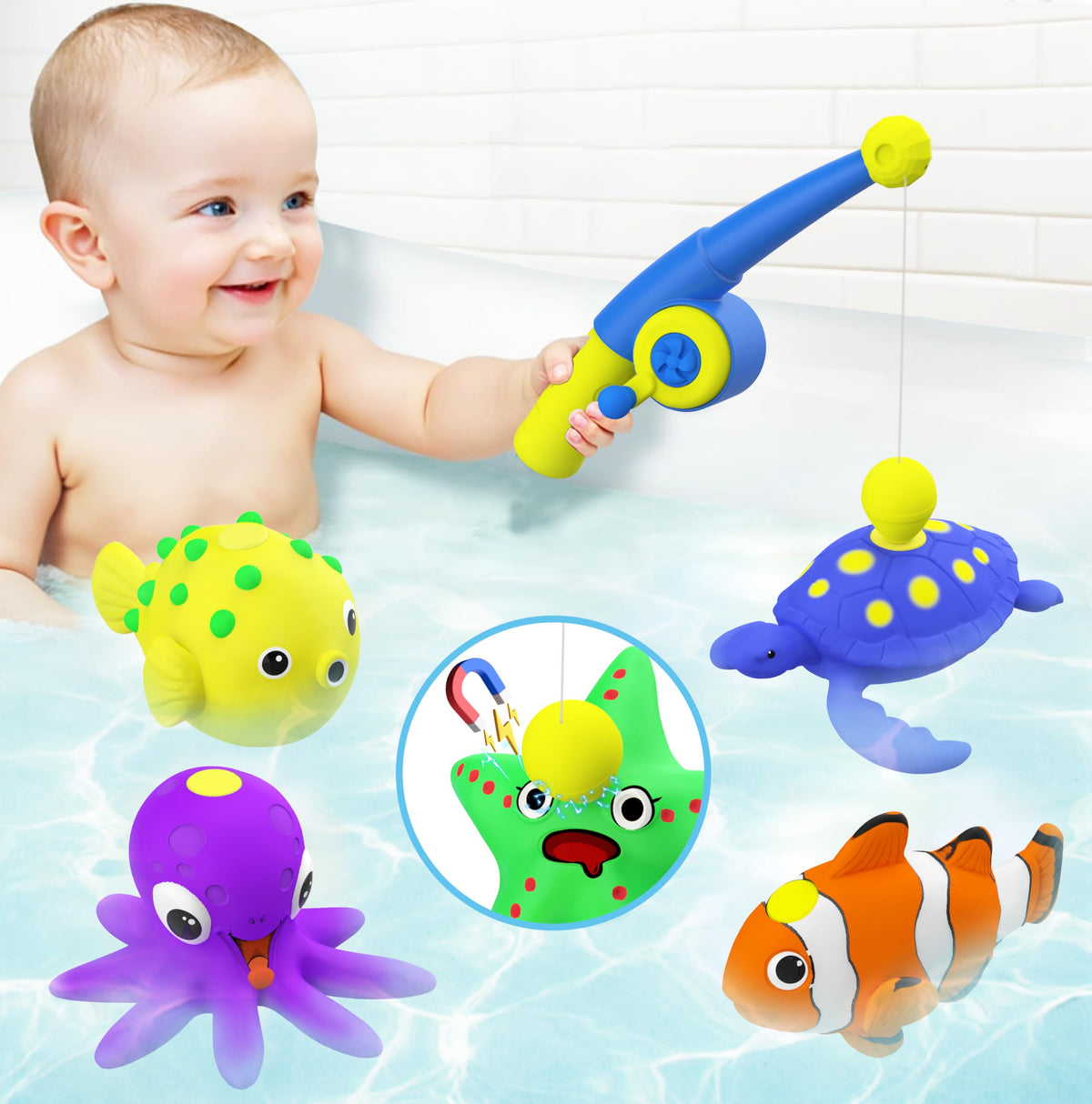 Staroud Color Changing No Hole Magnetic Bath Toys – 10 Pack Sea Creatures with Fishing Rod