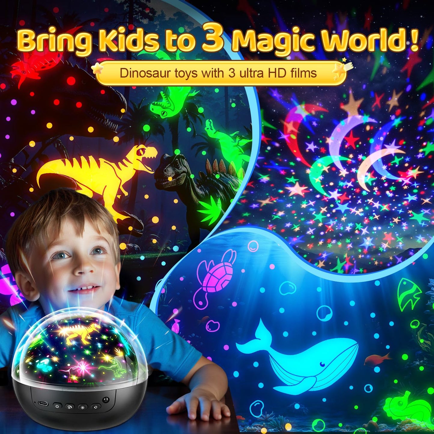 Staryou 7-in-1 Dinosaur Night Light Toy for Kids 3-5 | Remote, 3 Films, 93 Effects