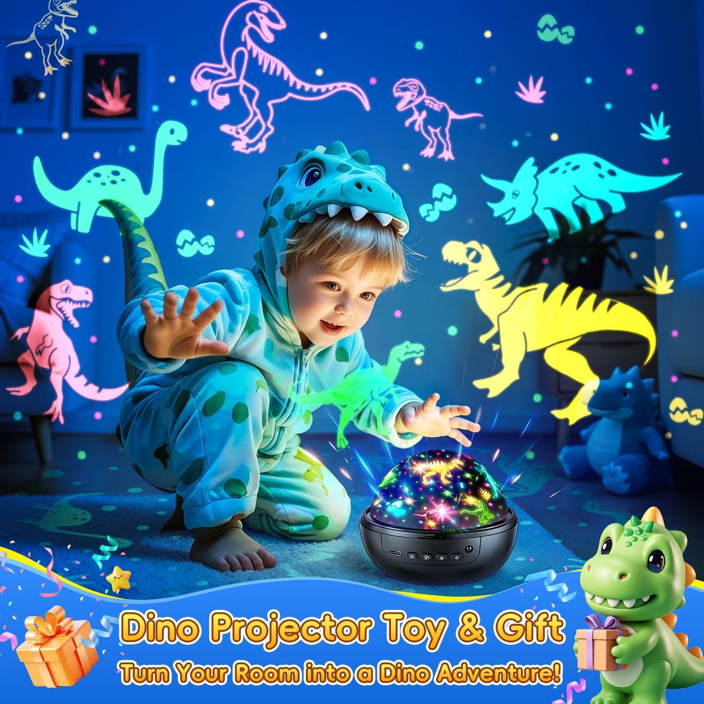 Staryou 7-in-1 Dinosaur Night Light Toy for Kids 3-5 | Remote, 3 Films, 93 Effects