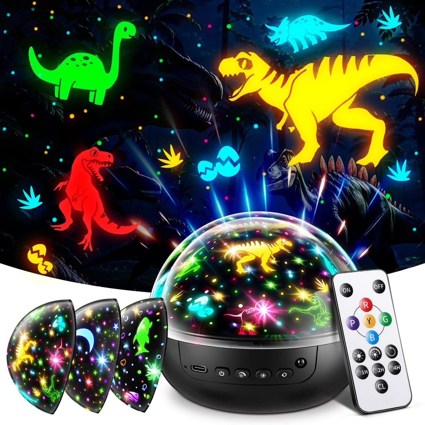 Staryou 7-in-1 Dinosaur Night Light Toy for Kids 3-5 | Remote, 3 Films, 93 Effects