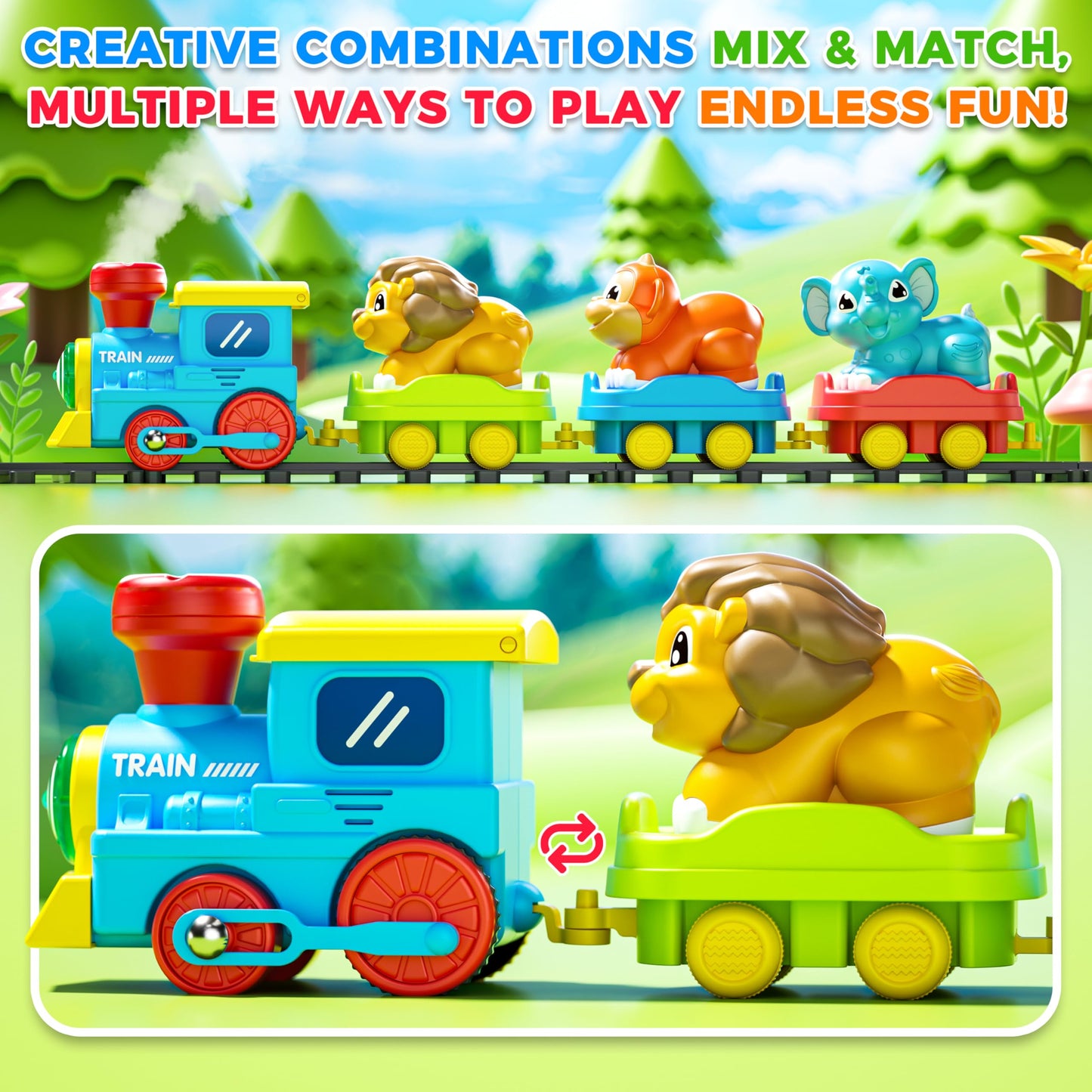 Stay Fun Train Set for Toddlers – Steam, Music & Lights with 3 Animal Cars