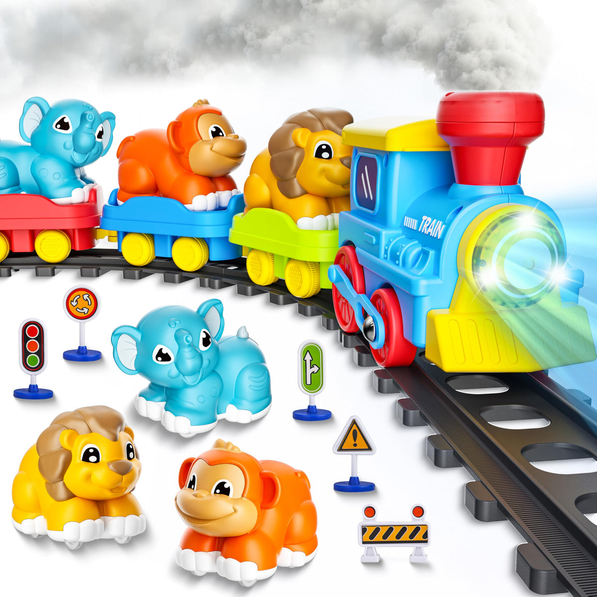 Stay Fun Train Set for Toddlers – Steam, Music & Lights with 3 Animal Cars