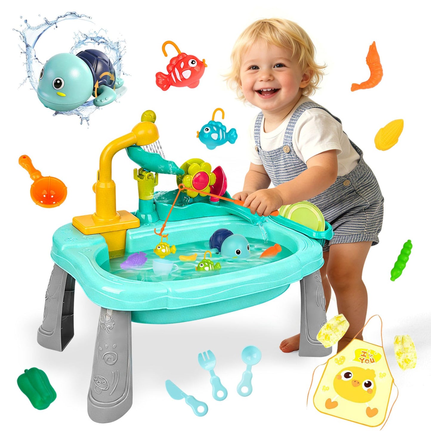 STBEIMEIMY Kids Play Sink with Running Water – 2-in-1 Water Table & Kitchen Sensory Toy