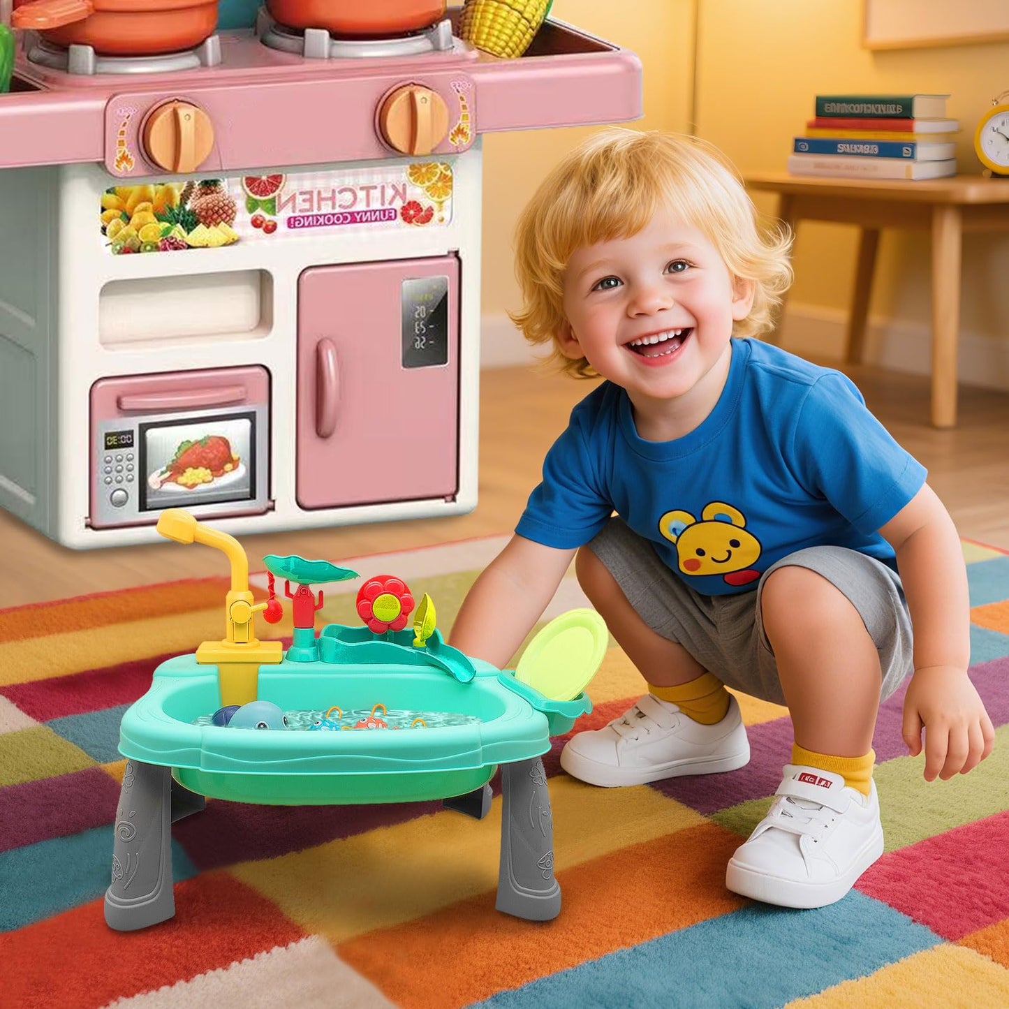 STBEIMEIMY Kids Play Sink with Running Water – 2-in-1 Water Table & Kitchen Sensory Toy