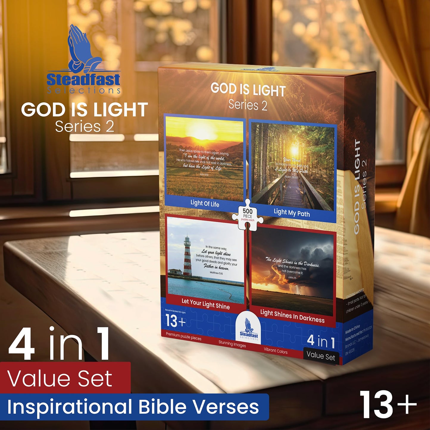 Steadfast Selections Christian Puzzles for Adults - 500-Piece 4-in-1 Bible Verse Jigsaw Set