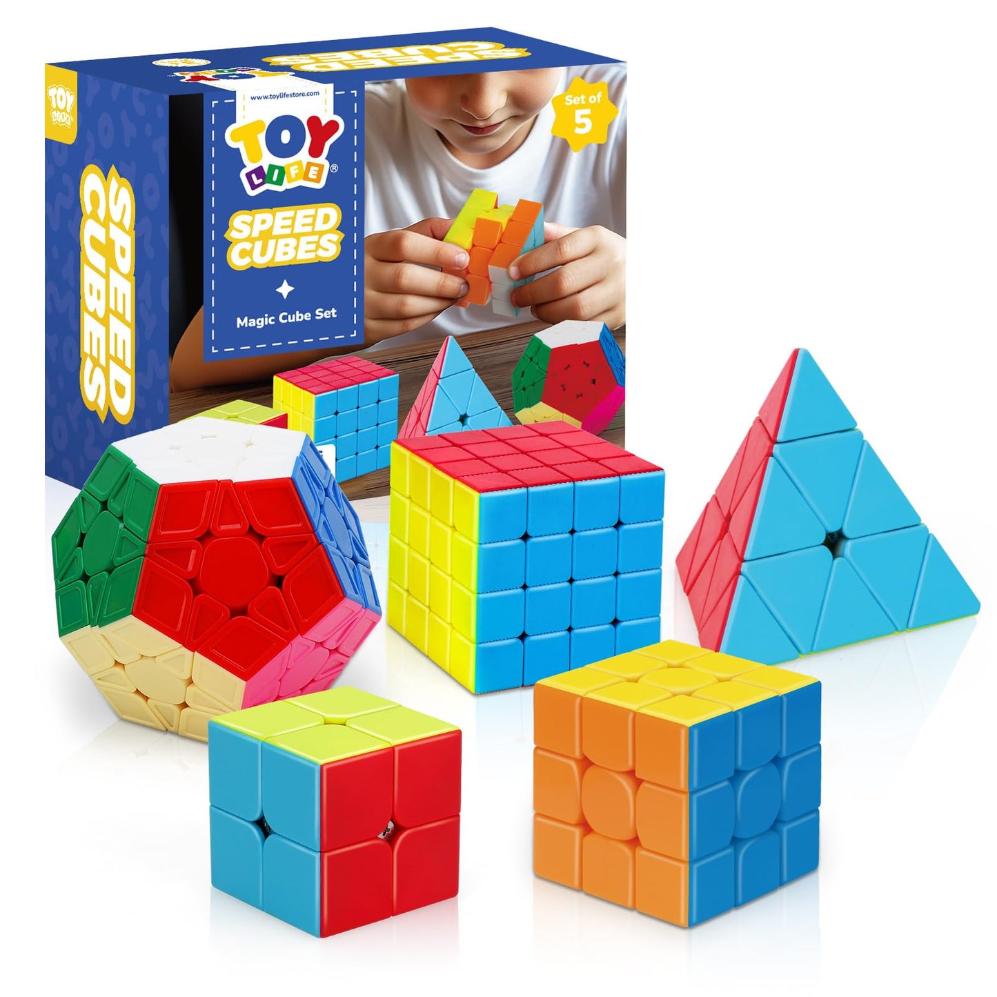 STEAM Life Speed Cube Set - 2x2, 3x3, 4x4, Megaminx & Pyramid – Stickerless Magic Cubes for Kids & Adults