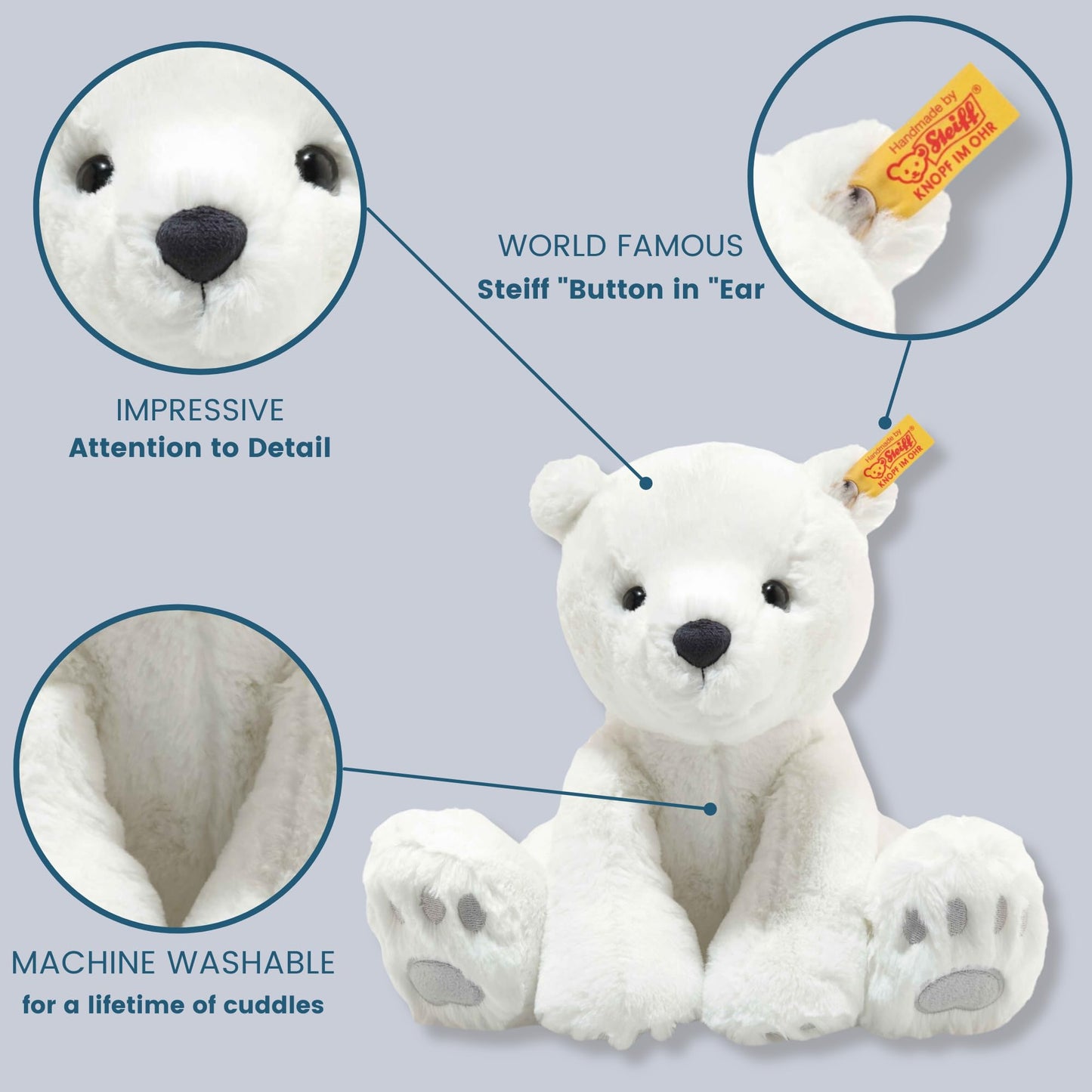 Steiff Lasse Polar Bear Plush – 11in White Bear Toy for Kids