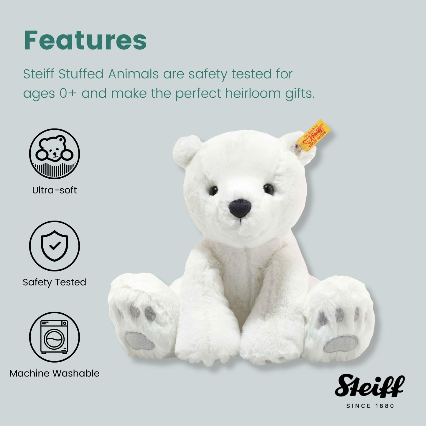 Steiff Lasse Polar Bear Plush – 11in White Bear Toy for Kids