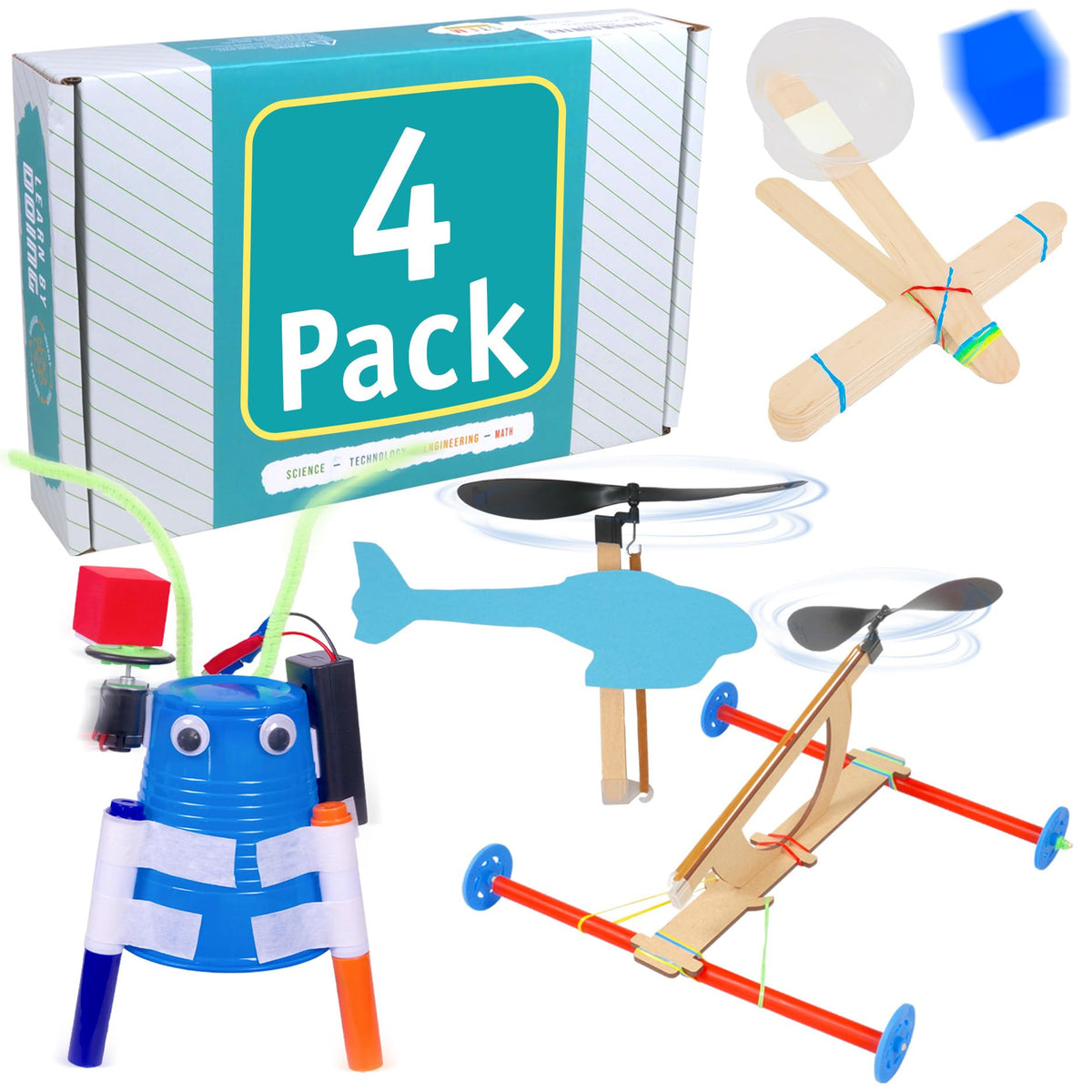 STEM Inventions 4-Pack STEM Kit: Rubber Band Helicopter, Scribble Bot, Catapult, Propeller Car – Ages 8-12