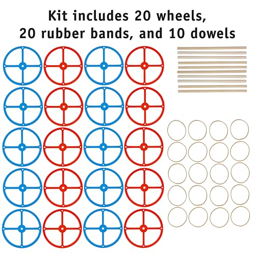 STEM Inventions Large Plastic Wheels & Axles for Mousetrap & Rubber Band Cars – 20 Wheels, 20 Bands, 10 Dowels