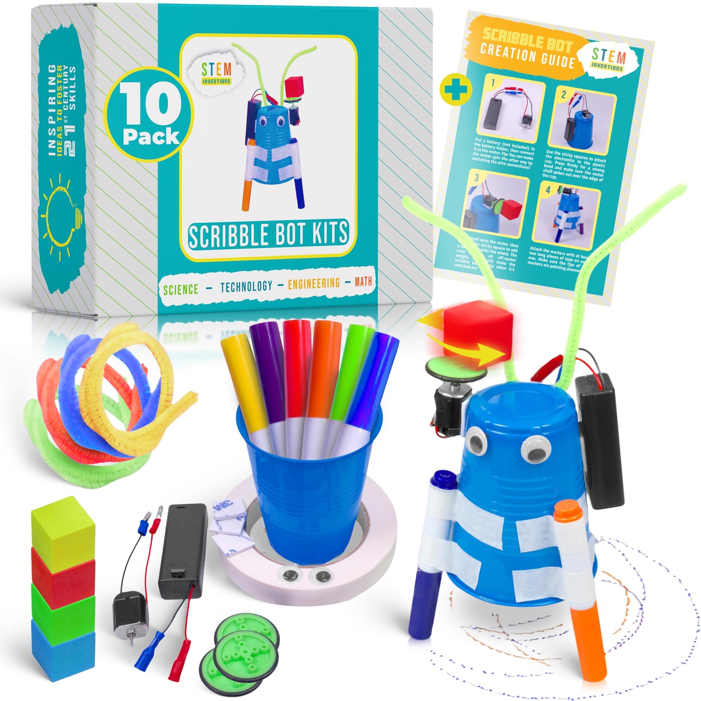 STEM Inventions DIY Doodle Bot Kit — Bulk Pack of 10 Motorized Drawing Bots for Kids (Ages 8+)