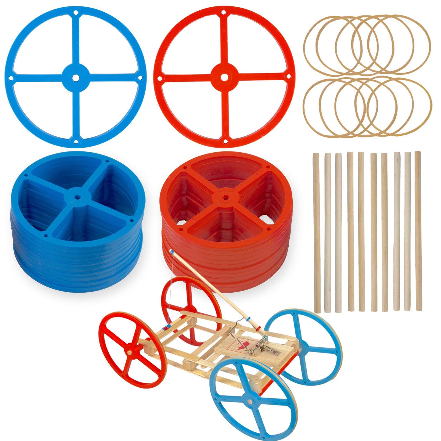 STEM Inventions Large Plastic Wheels & Axles for Mousetrap & Rubber Band Cars – 20 Wheels, 20 Bands, 10 Dowels