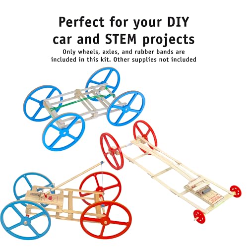 STEM Inventions Large Plastic Wheels & Axles for Mousetrap & Rubber Band Cars – 20 Wheels, 20 Bands, 10 Dowels