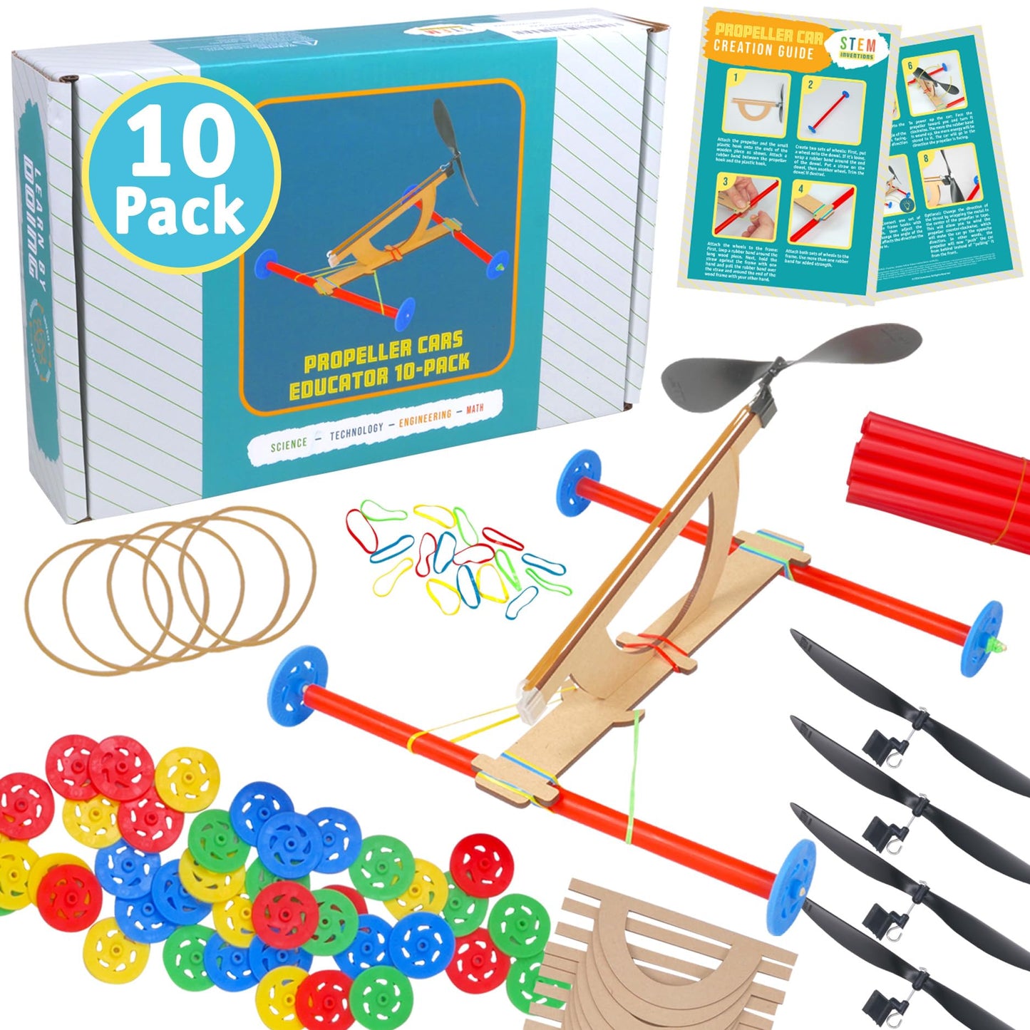 STEM Inventions Rubber Band Propeller Car Kit – 10 Pack DIY STEM Activity