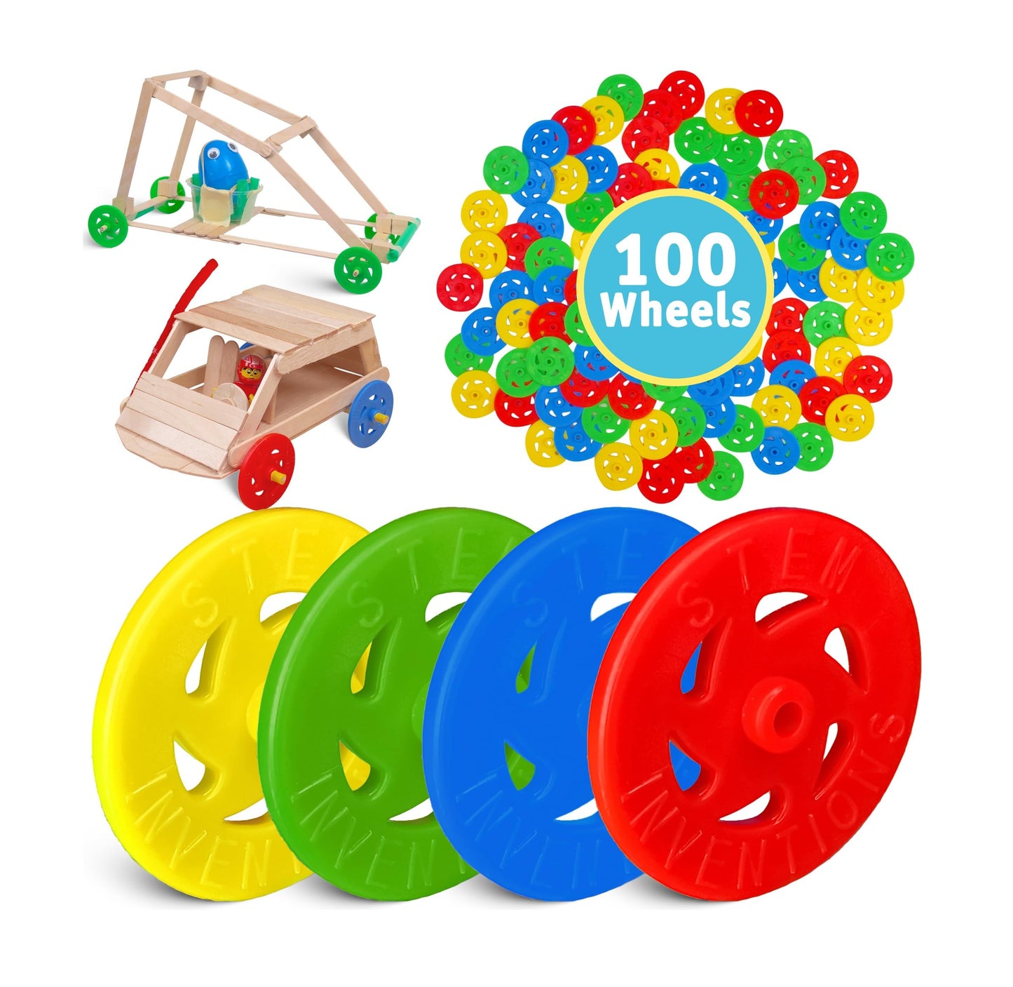 STEM Inventions Toy Wheels – Bulk Pack 100 Small Plastic Wheels for DIY Cars & STEM Projects