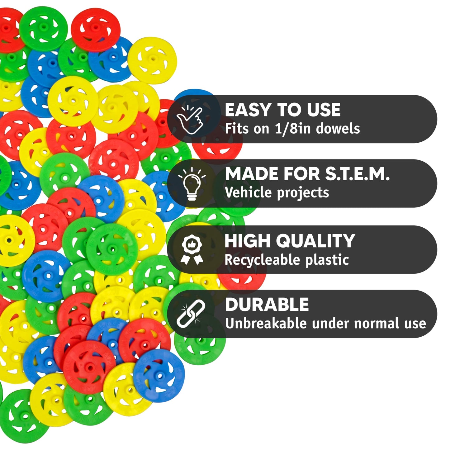 STEM Inventions Toy Wheels – 200-Pack, 1.36-Inch Plastic Wheels for STEM Projects