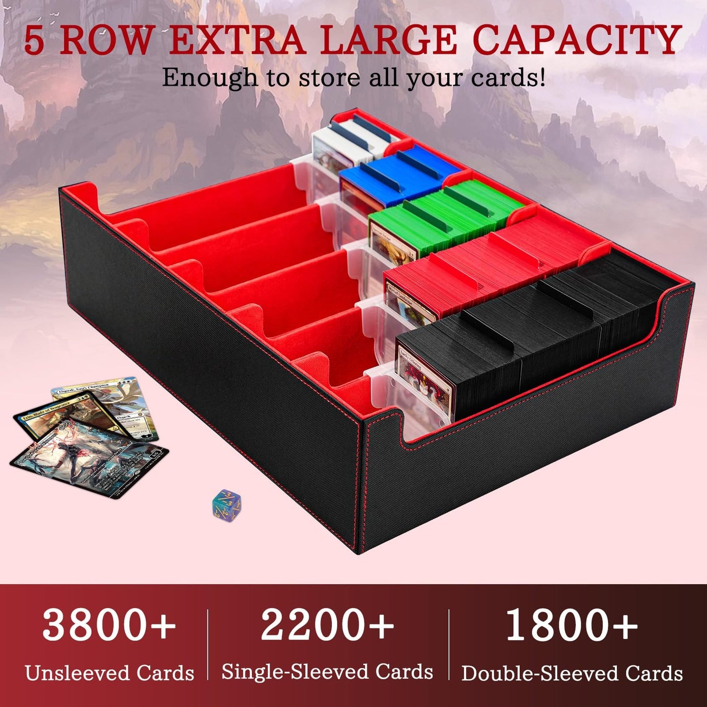 Stepane 5-Row Trading Card Storage Box – 3800+ Cards, 20 Dividers, Dual Playmat