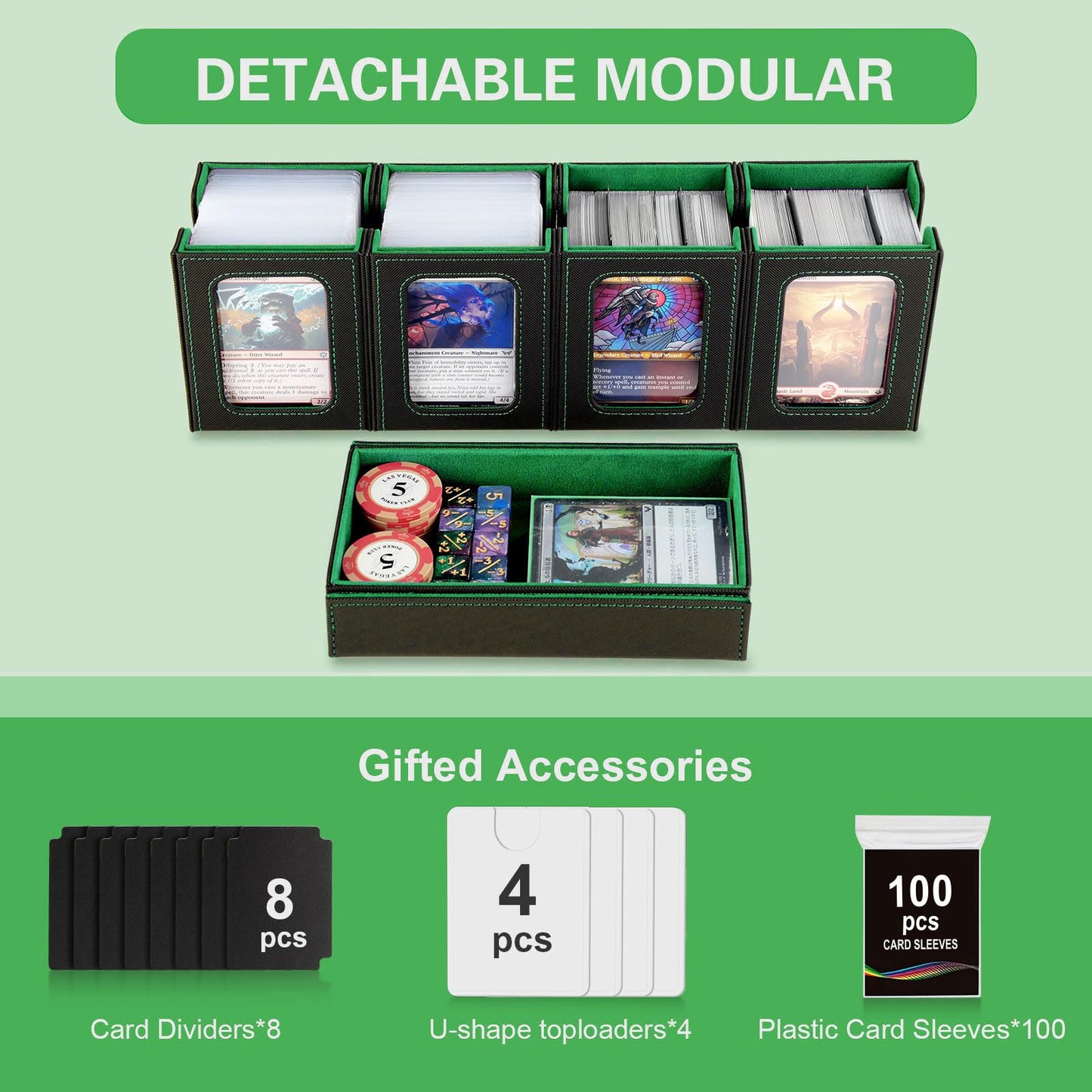 Stepane Commander Deck Box – 5-in-1 MTG Card Storage for 400+ Cards with Display Windows (Black & Green)