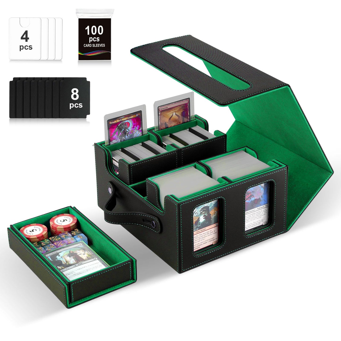Stepane Commander Deck Box – 5-in-1 MTG Card Storage for 400+ Cards with Display Windows (Black & Green)