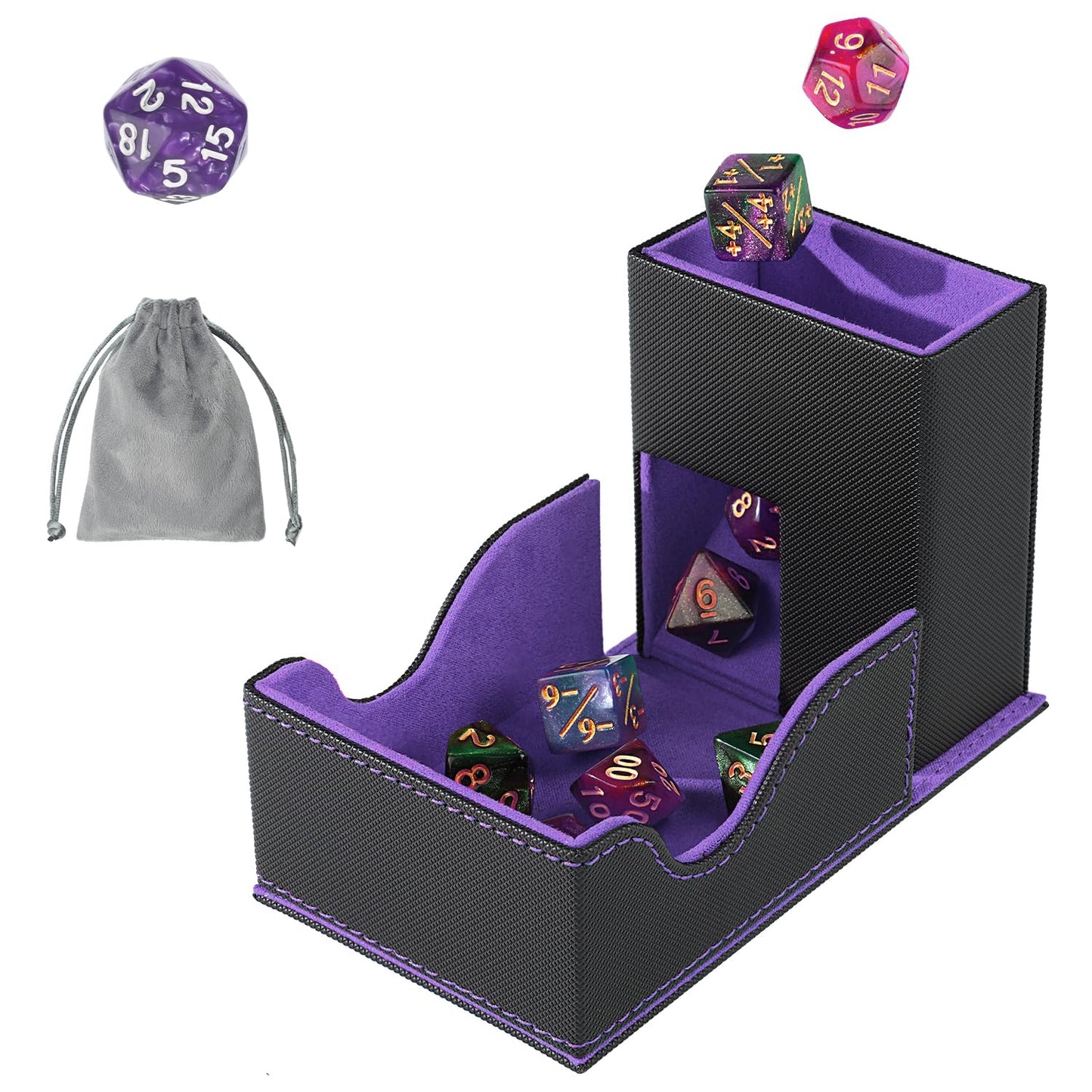 Stepane Dice Roller Tower – Premium DND Magnetic Dice Tray, Foldable PU Leather, Black and Violet