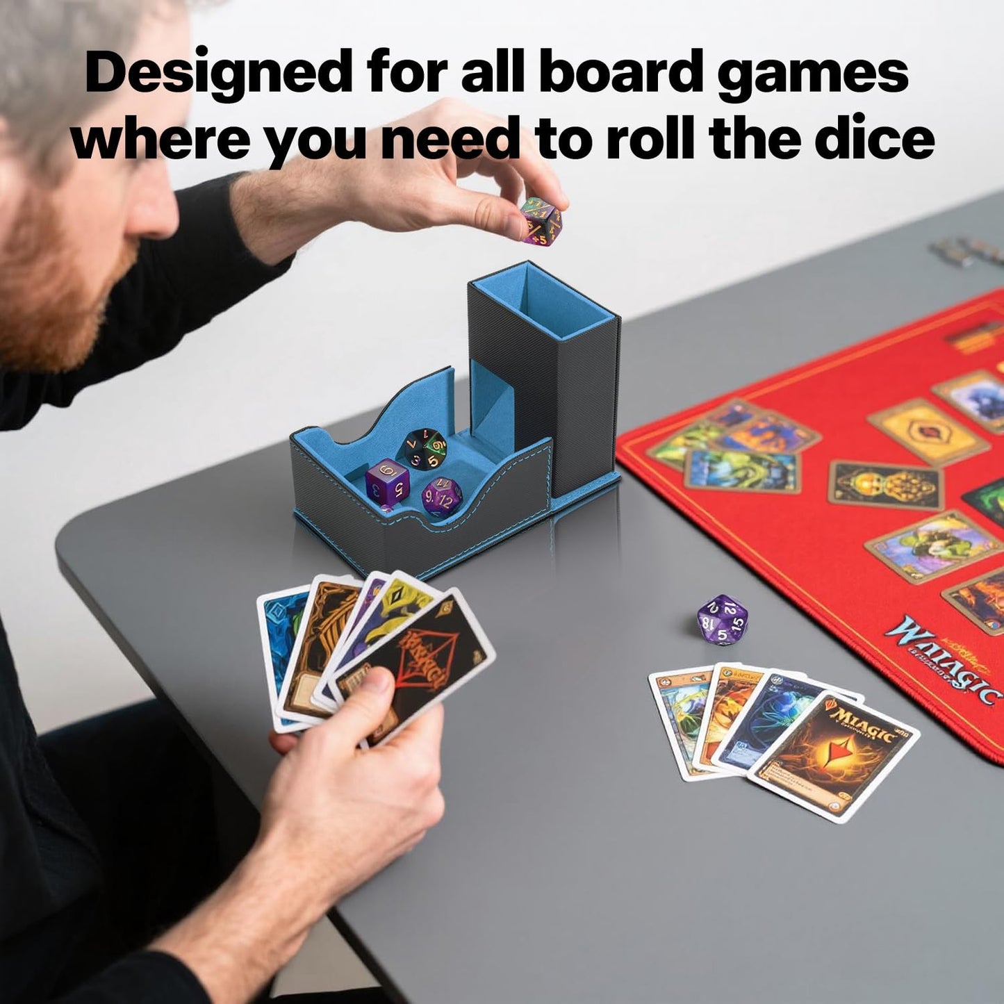 Stepane Dice Tower and Tray – Foldable, Portable Dice Roller for RPGs (Black/Blue)