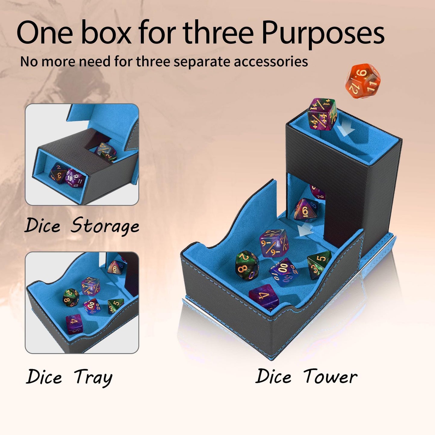 Stepane Dice Tower and Tray – Foldable, Portable Dice Roller for RPGs (Black/Blue)