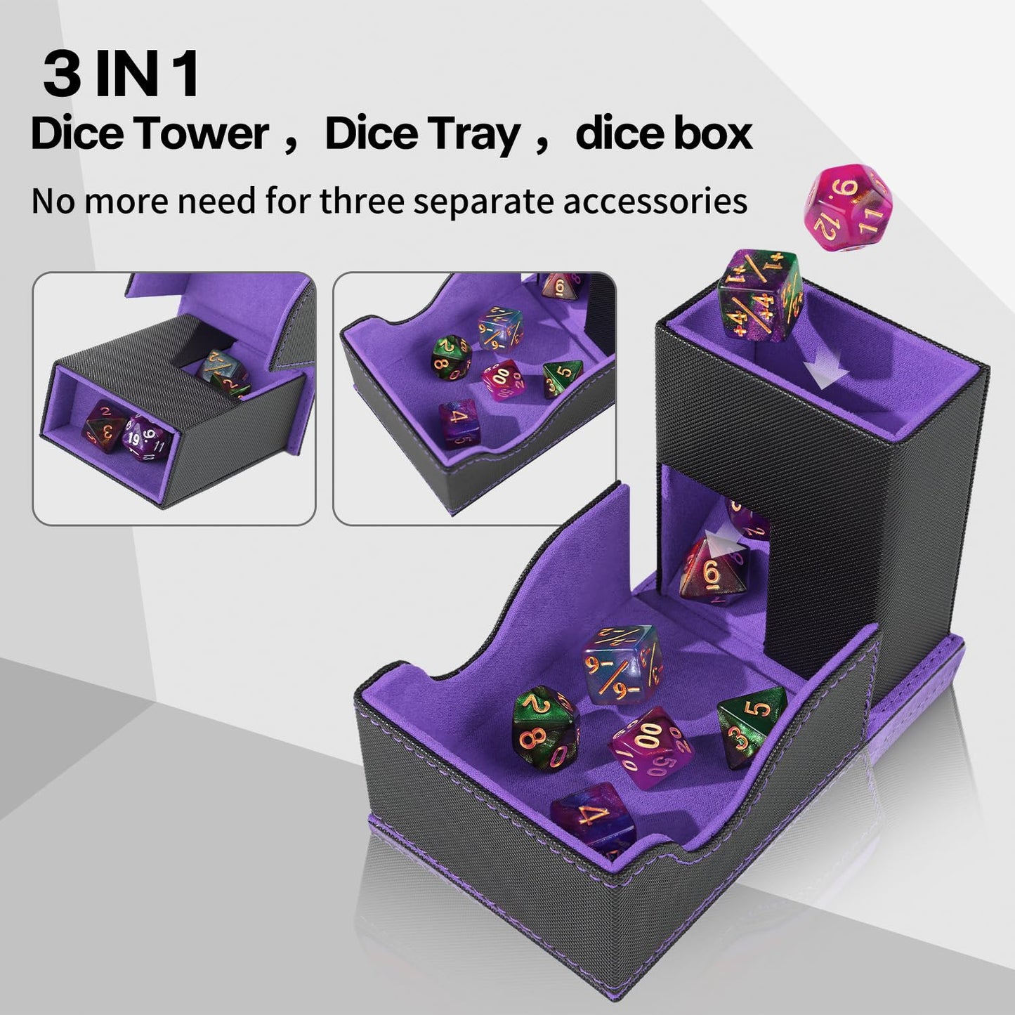 Stepane Dice Roller Tower – Premium DND Magnetic Dice Tray, Foldable PU Leather, Black and Violet