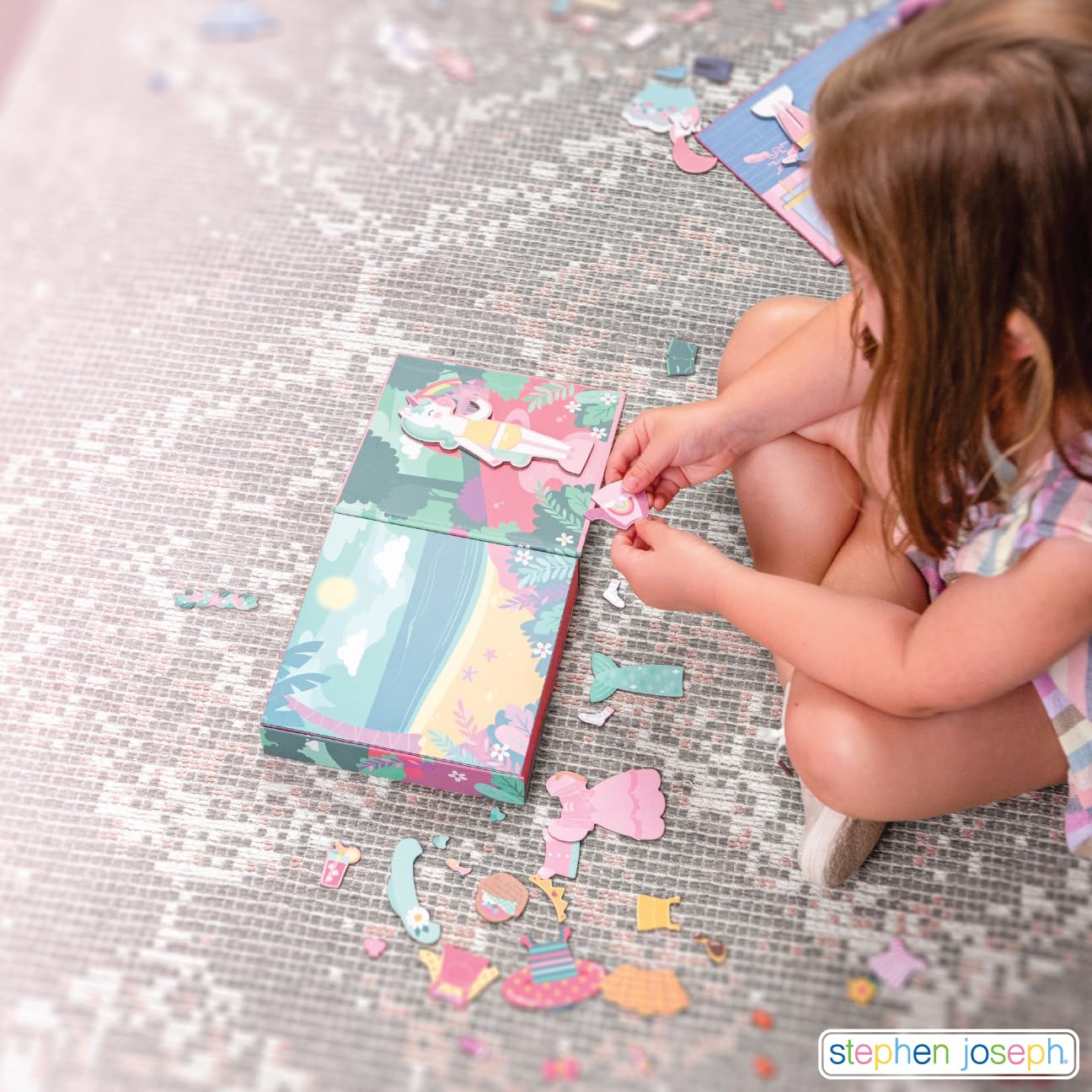 Stephen Joseph Magnetic Dress-Up Dolls: Unicorn & Princess Set with Wooden Stands and 40 Magnets