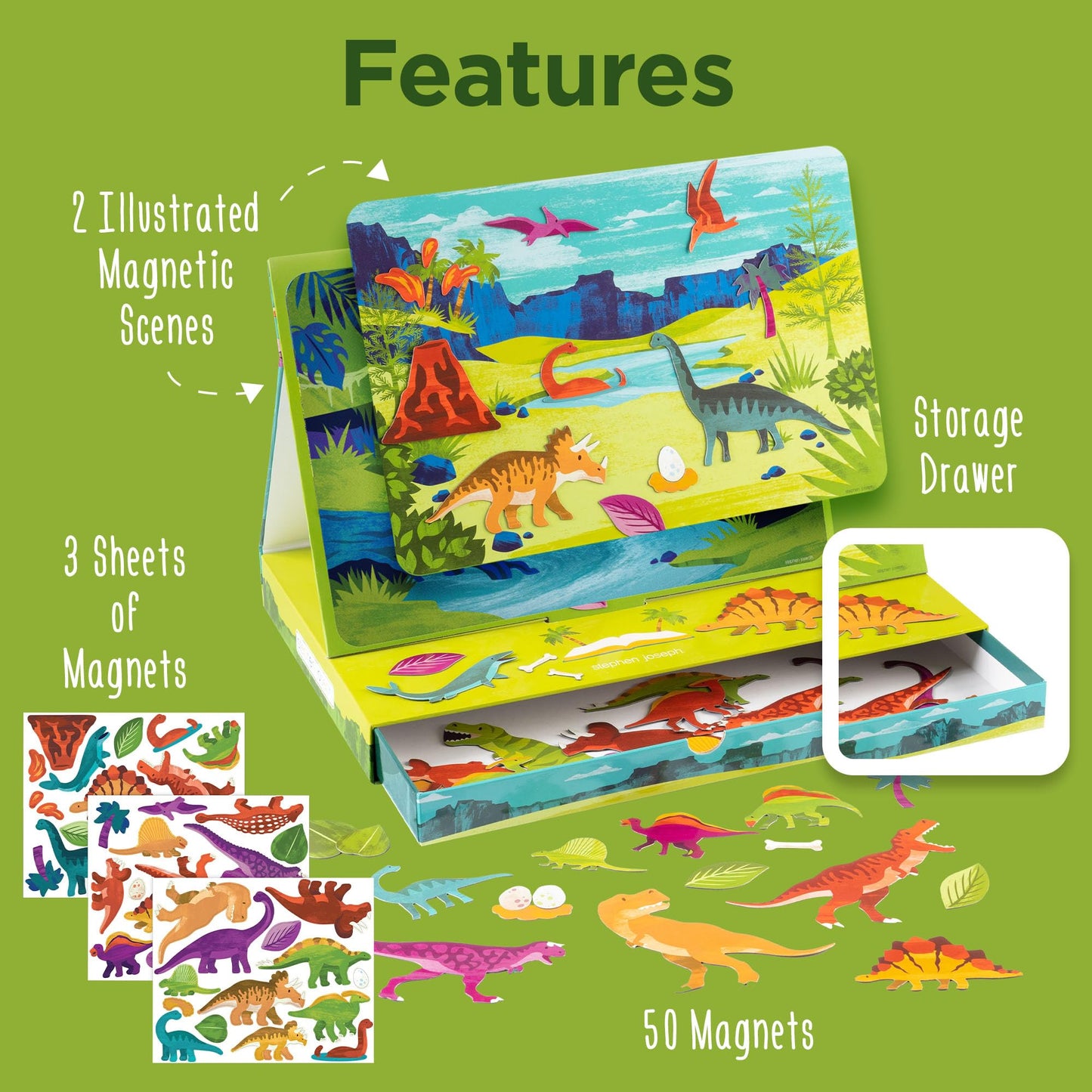 Stephen Joseph Kids Magnetic Scene with Drawer – On-The-Go Play, 2 Backdrops & 50+ Magnets