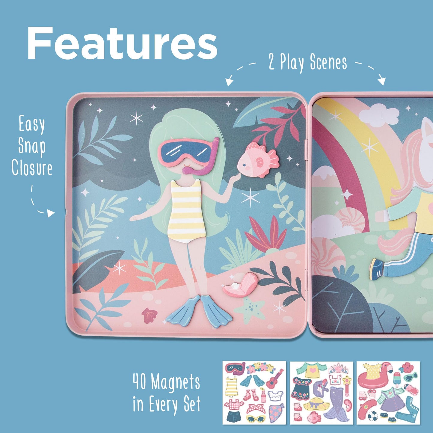 Stephen Joseph Magnetic Dress Up Dolls 40-Piece Travel Play Set - Unicorn & Mermaid