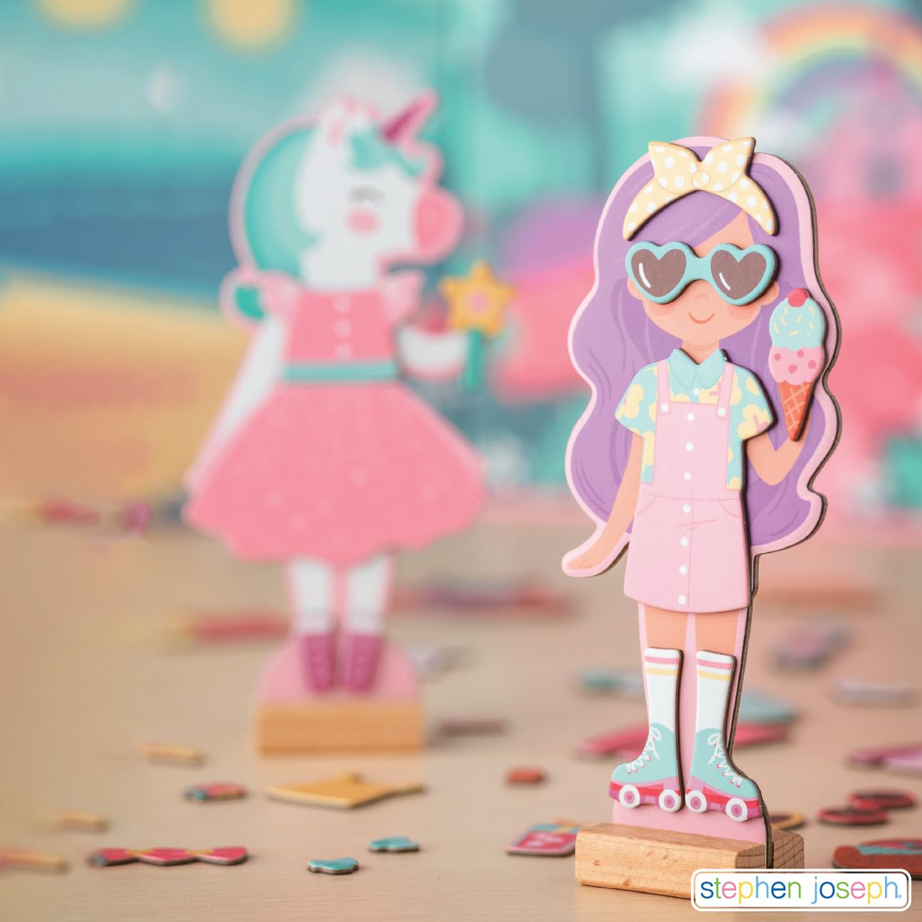 Stephen Joseph Magnetic Dress-Up Dolls: Unicorn & Princess Set with Wooden Stands and 40 Magnets