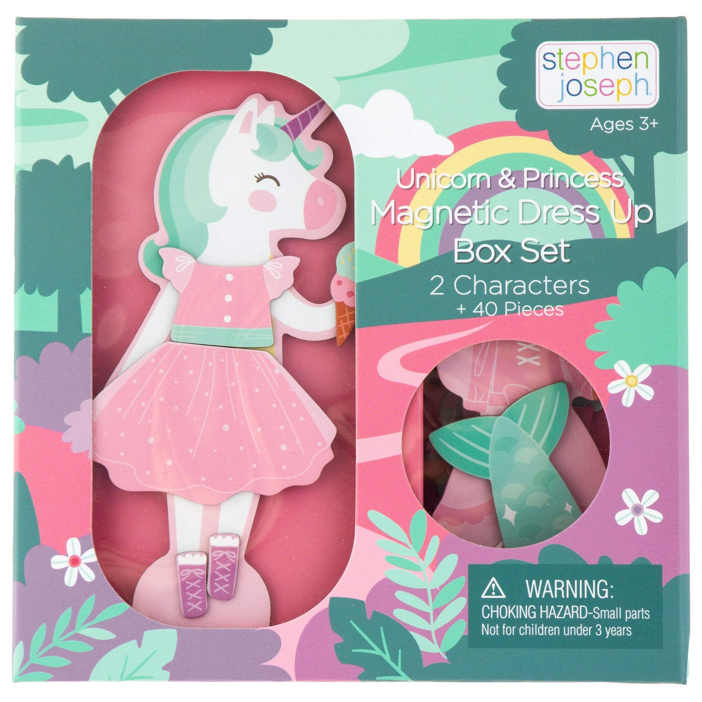 Stephen Joseph Magnetic Dress-Up Dolls: Unicorn & Princess Set with Wooden Stands and 40 Magnets