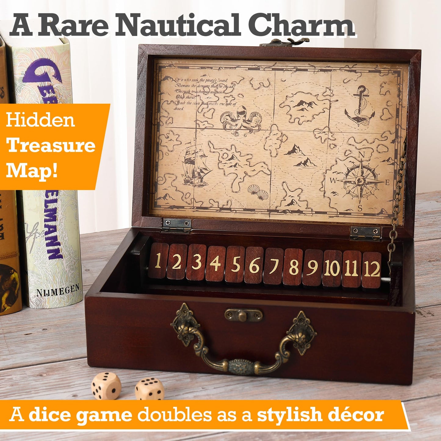STERLING Games 12-Number Shut The Box – Nautical Wooden Travel Case for 2 Players
