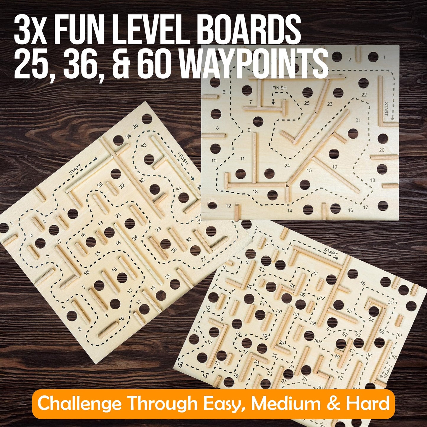 Sterling Games Wooden Labyrinth – 3 Swappable Boards, 60/36/25 Waypoints, Tilt Maze