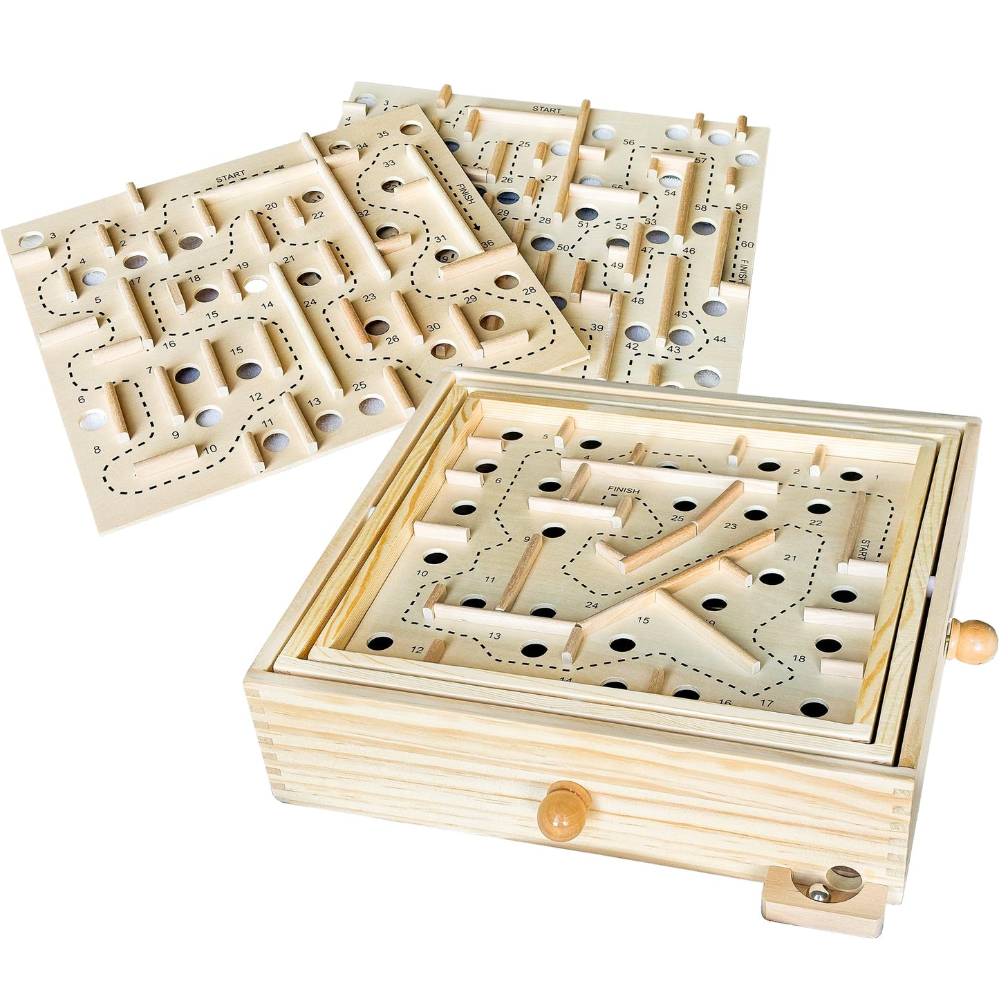 Sterling Games Wooden Labyrinth – 3 Swappable Boards, 60/36/25 Waypoints, Tilt Maze
